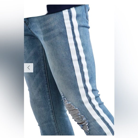 BOOHOO MAN Distressed Super Skinny White Painted Stripe Jean Blue Mens Size 28. - Picture 2 of 16